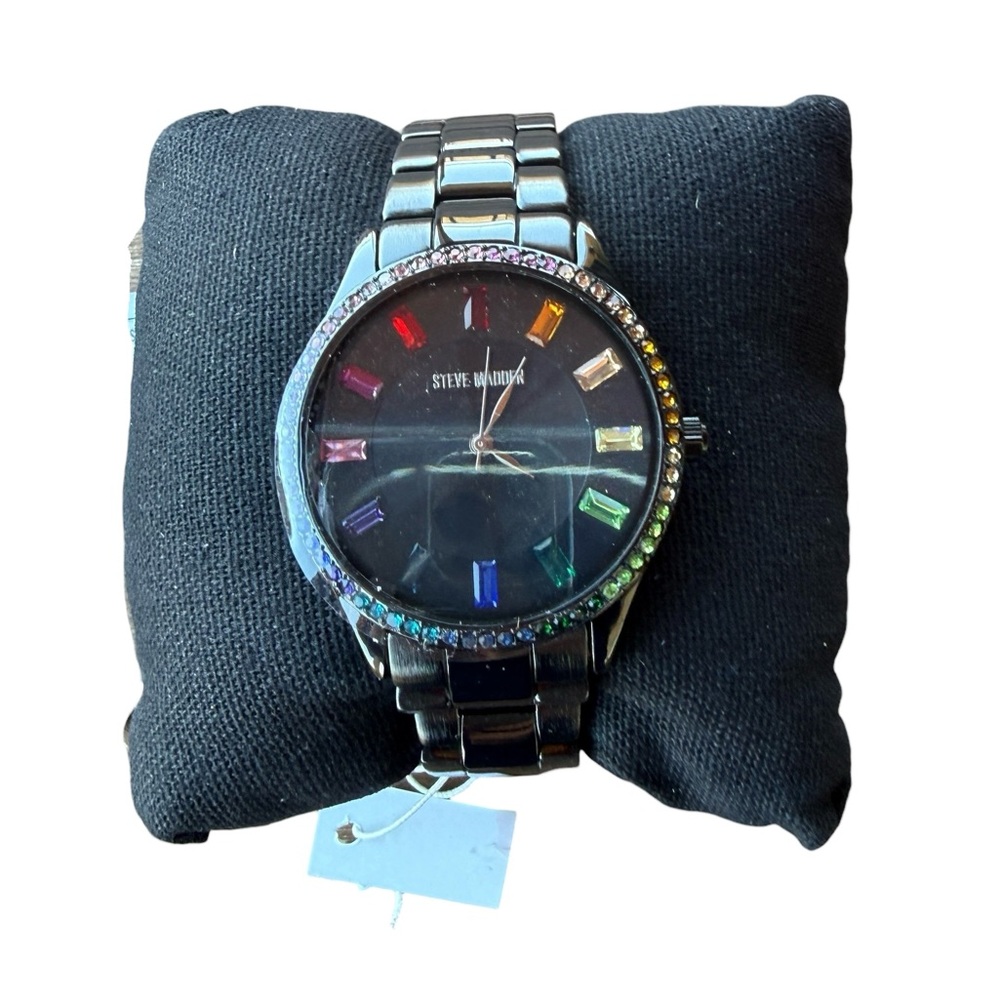 NWT Steve Madden Unisex Black Watch with Multi-Color Bezels for Numbers